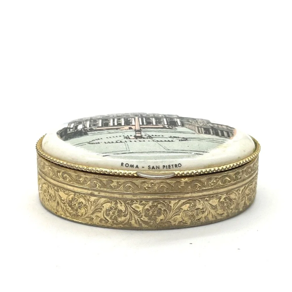 Vintage Roma San Pietro St Peters Basilica Oval Pill Box Gold Tone Floral Scroll